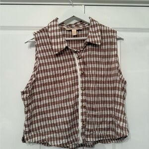 Sleeveless Button-Front Brown & White Gingham Shirt vest
